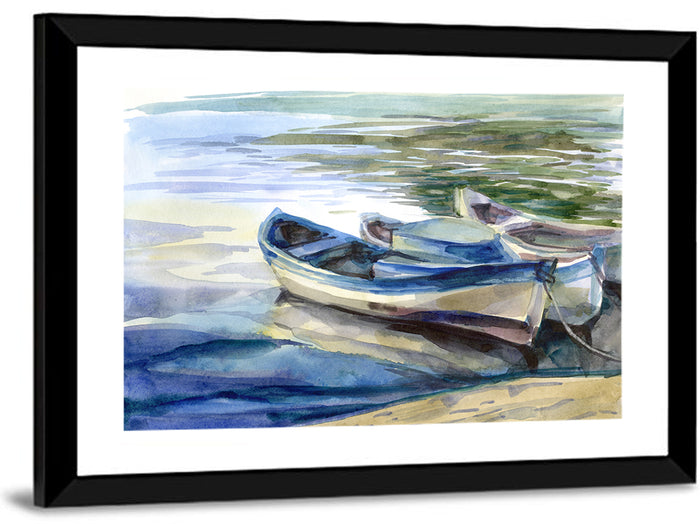 Watercolor Rowboats by the Shore Wall Art as a framed print