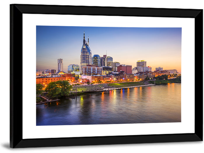 Nashville Skyline Over the Cumberland River Wall Art as a framed print