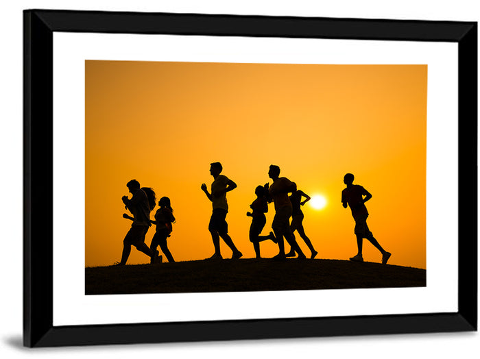 Six Runners Silhouette at Golden Sunset Wall Art as a framed print
