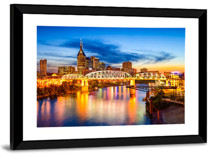 Nashville Skyline at Twilight Bridge Reflections Wall Art