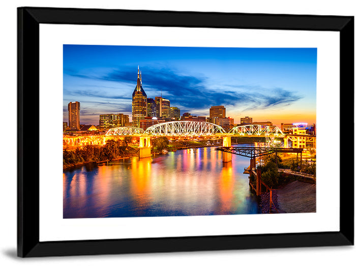 Nashville Skyline at Twilight Bridge Reflections Wall Art as a framed print
