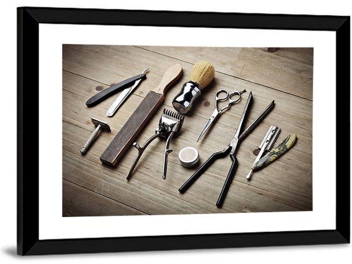 Vintage Barber Tools on Wooden Workbench Wall Art as a framed print