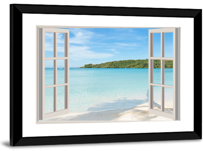 Turquoise Beach View Through Window Wall Art as a framed print