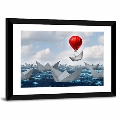 Red Balloon Lifts Paper Boat Wall Art