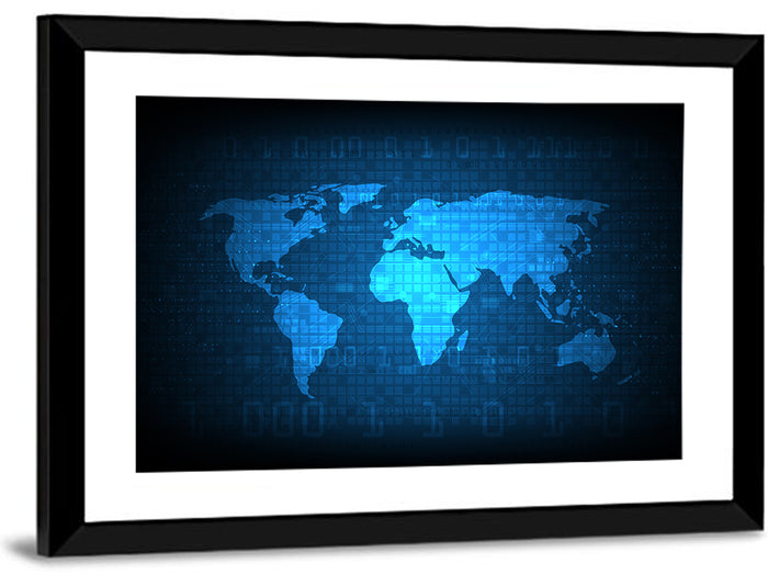 Binary Grid World Map Wall Art as a framed print