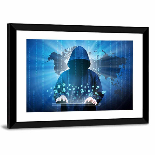 Hooded Hacker with Binary Map Wall Art