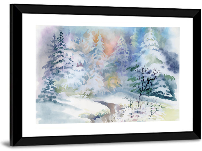 Winding Winter Stream Watercolor Wall Art as a framed print