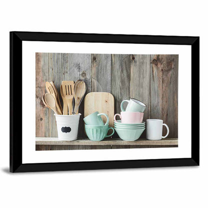 Rustic Shelf with Utensils and Pastel Bowls Wall Art