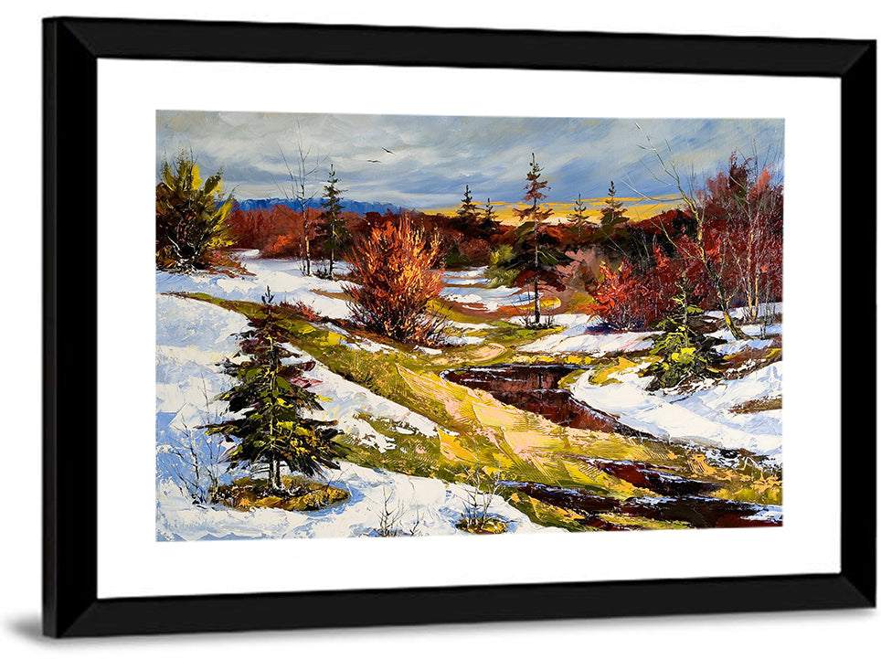 Snowy Stream Through Evergreens Wall Art