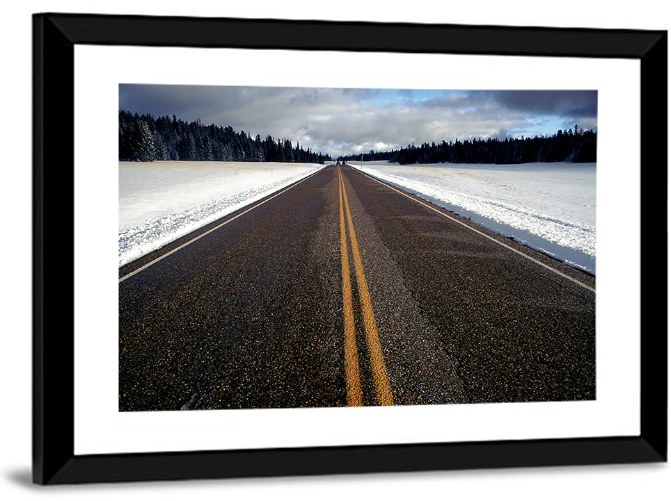 Winter Road Through Pine Forest Wall Art