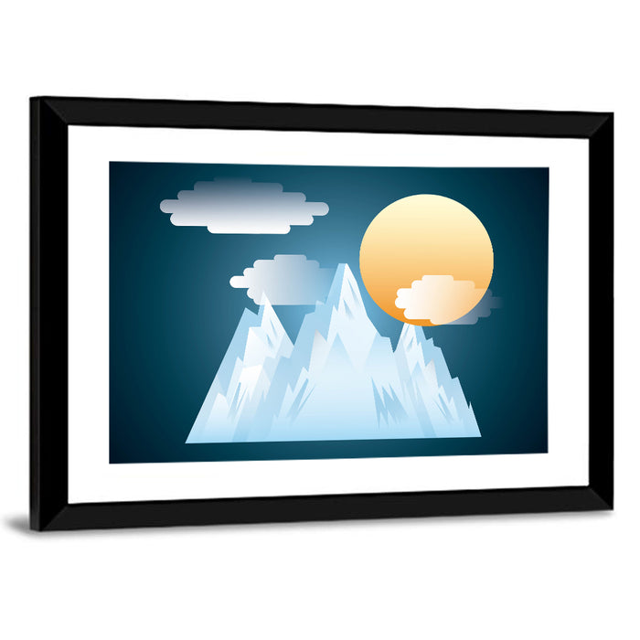 Geometric Snowy Mountain with Golden Sun Wall Art as a framed print