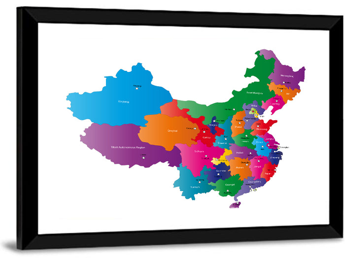 Colorful China Provinces Map Wall Art as a framed print