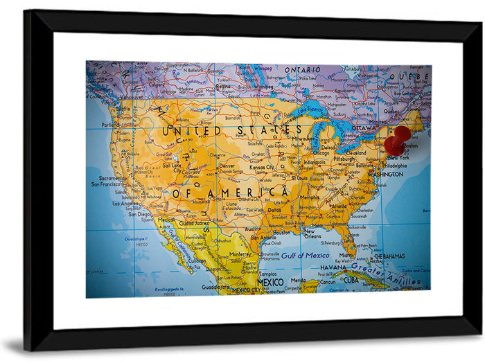 Vintage USA Map with Northeastern Pushpin Wall Art as a framed print