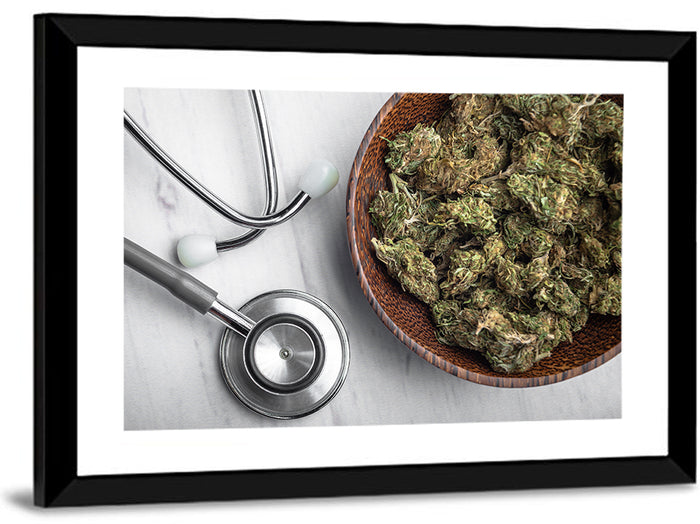Stethoscope and Medical Cannabis Still Life Wall Art as a framed print