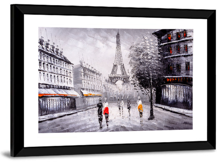 Paris Street with Eiffel Tower Wall Art as a framed print