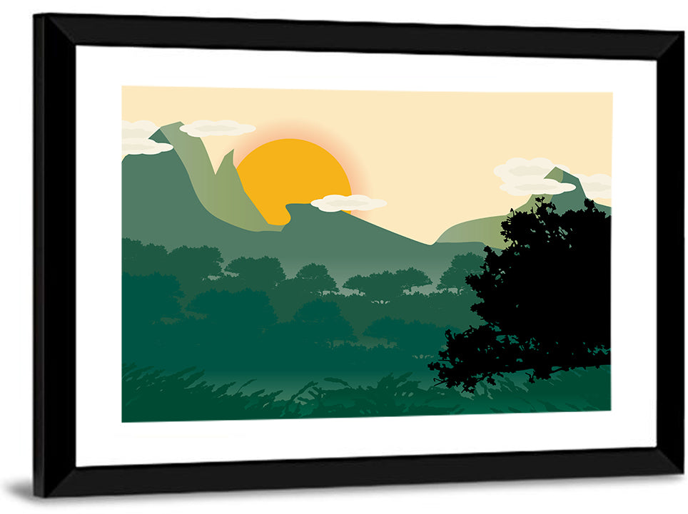Geometric Mountain Forest Sunrise Wall Art