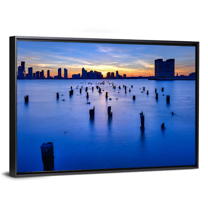 Jersey City Skyline at Dusk Wall Art as a framed canvas