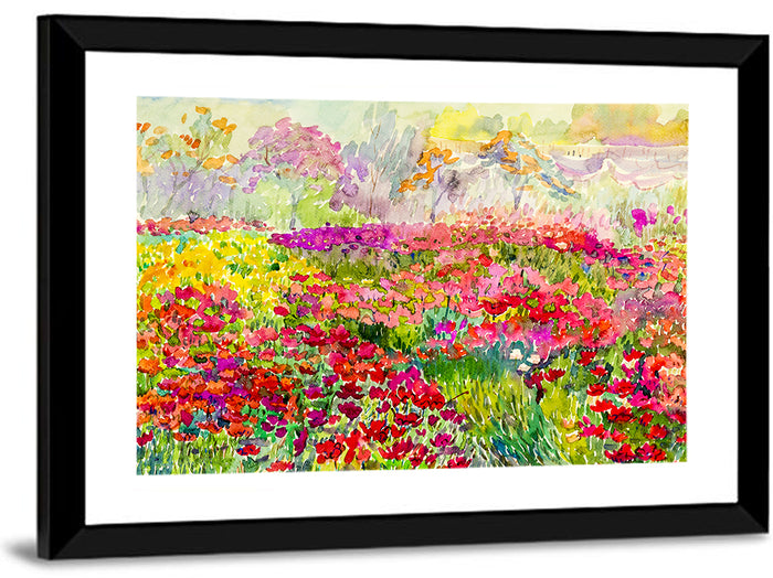 Summer Poppy Meadow Watercolor Wall Art as a framed print