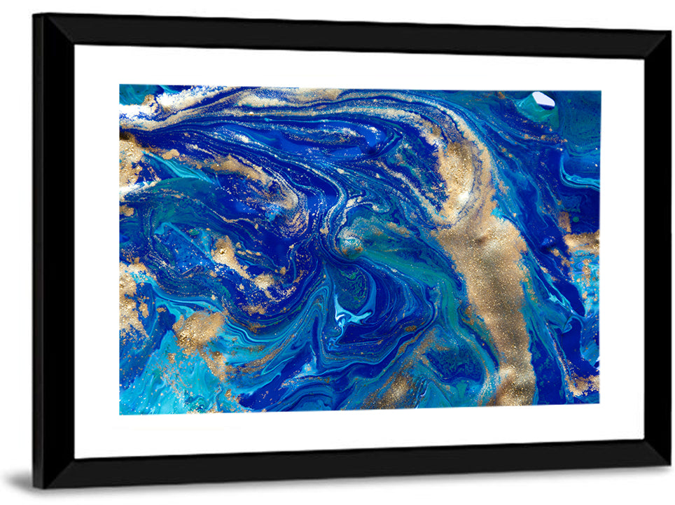 Blue and Gold Liquid Marble Swirls Wall Art