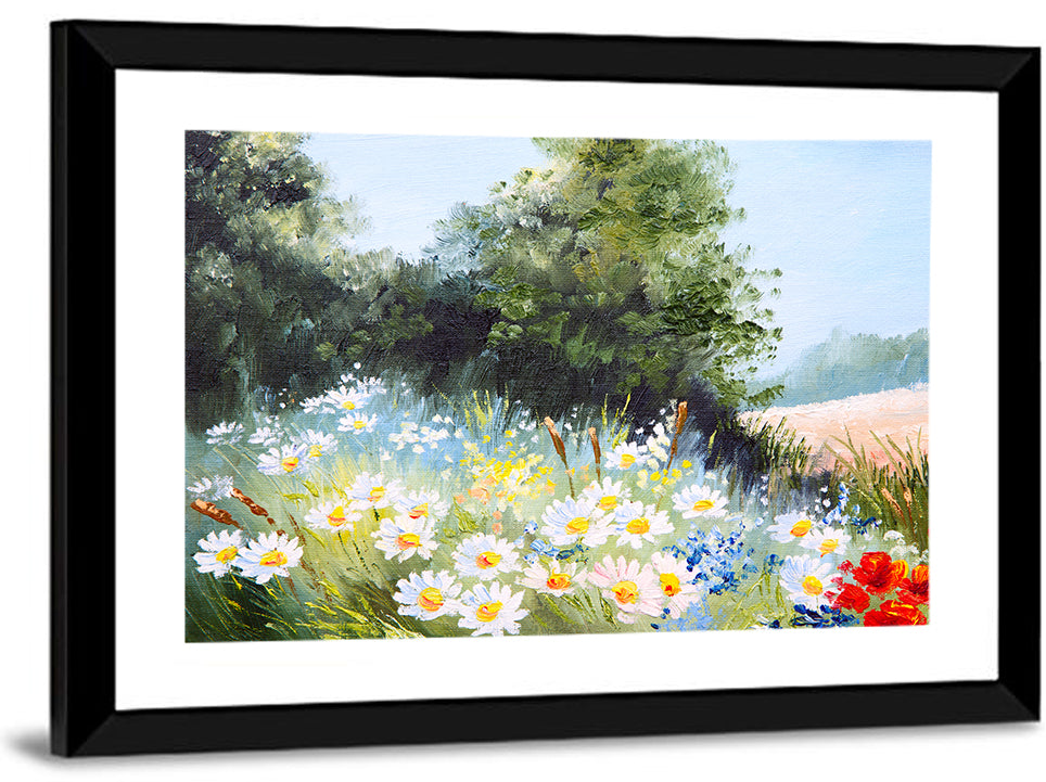 Sunny Daisy Meadow with Red Poppies Wall Art