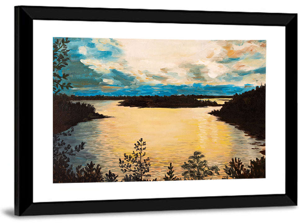Golden Lake Sunset Painting Wall Art