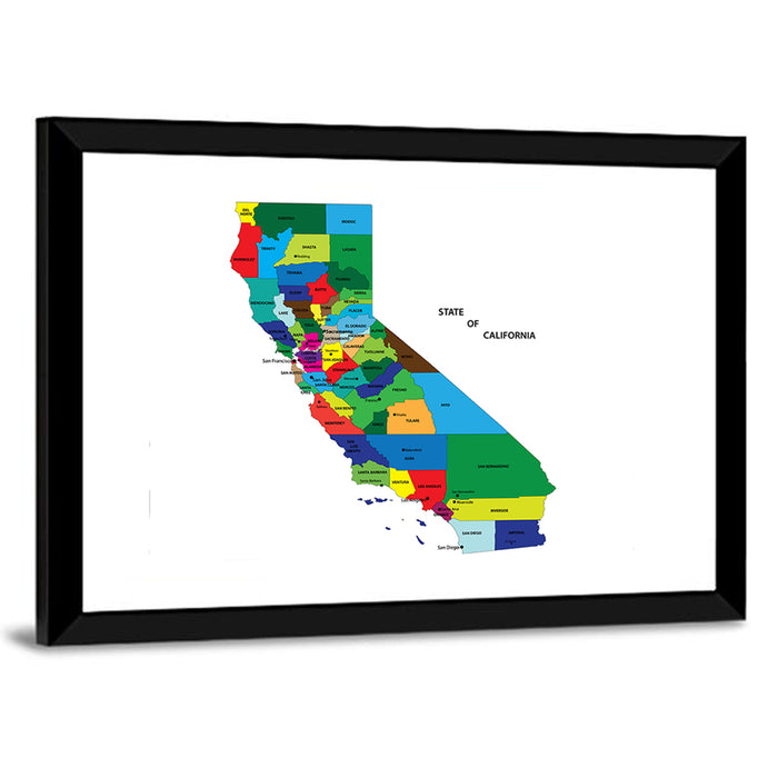 California Map with Colored Counties Wall Art as a framed print