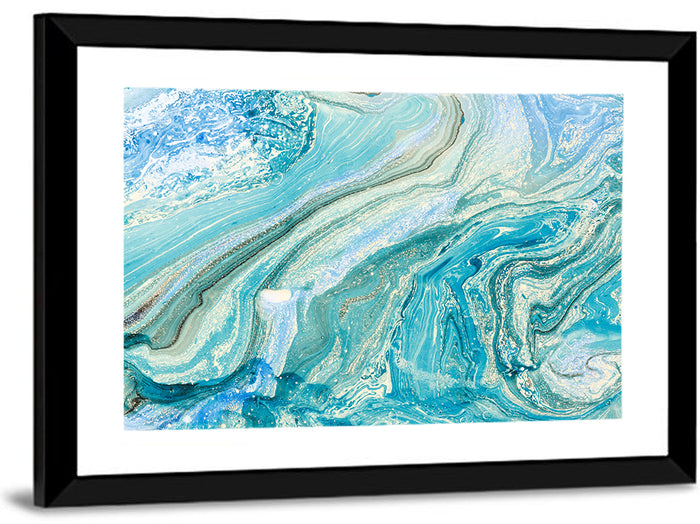 Aqua Marble Swirls with Silver Accents Wall Art as a framed print