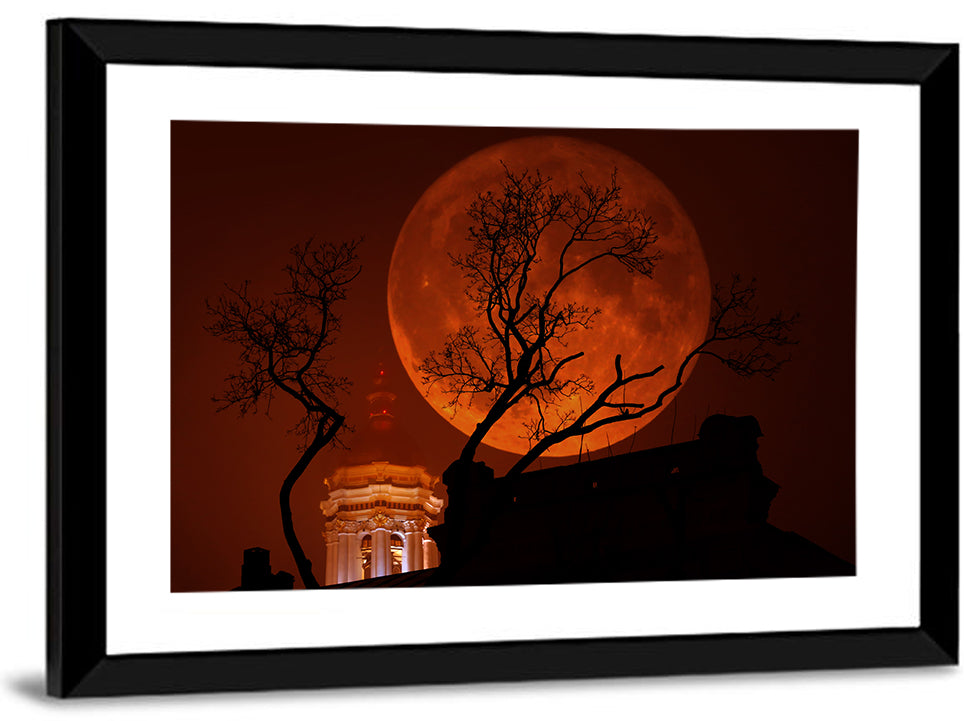 Haunted Supermoon Over Church Spire Wall Art