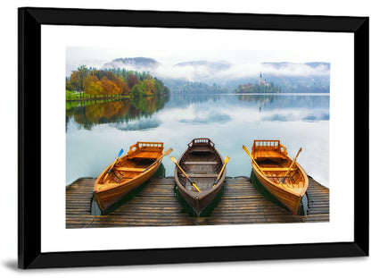 Moored Boats on Misty Lake Bled Wall Art