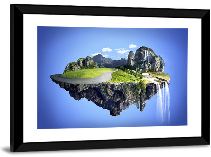 Surreal Floating Island with Waterfalls Wall Art as a framed print