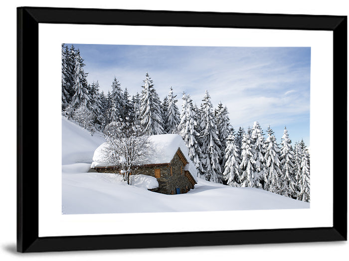 Snow Covered Alpine Cabin Wall Art as a framed print