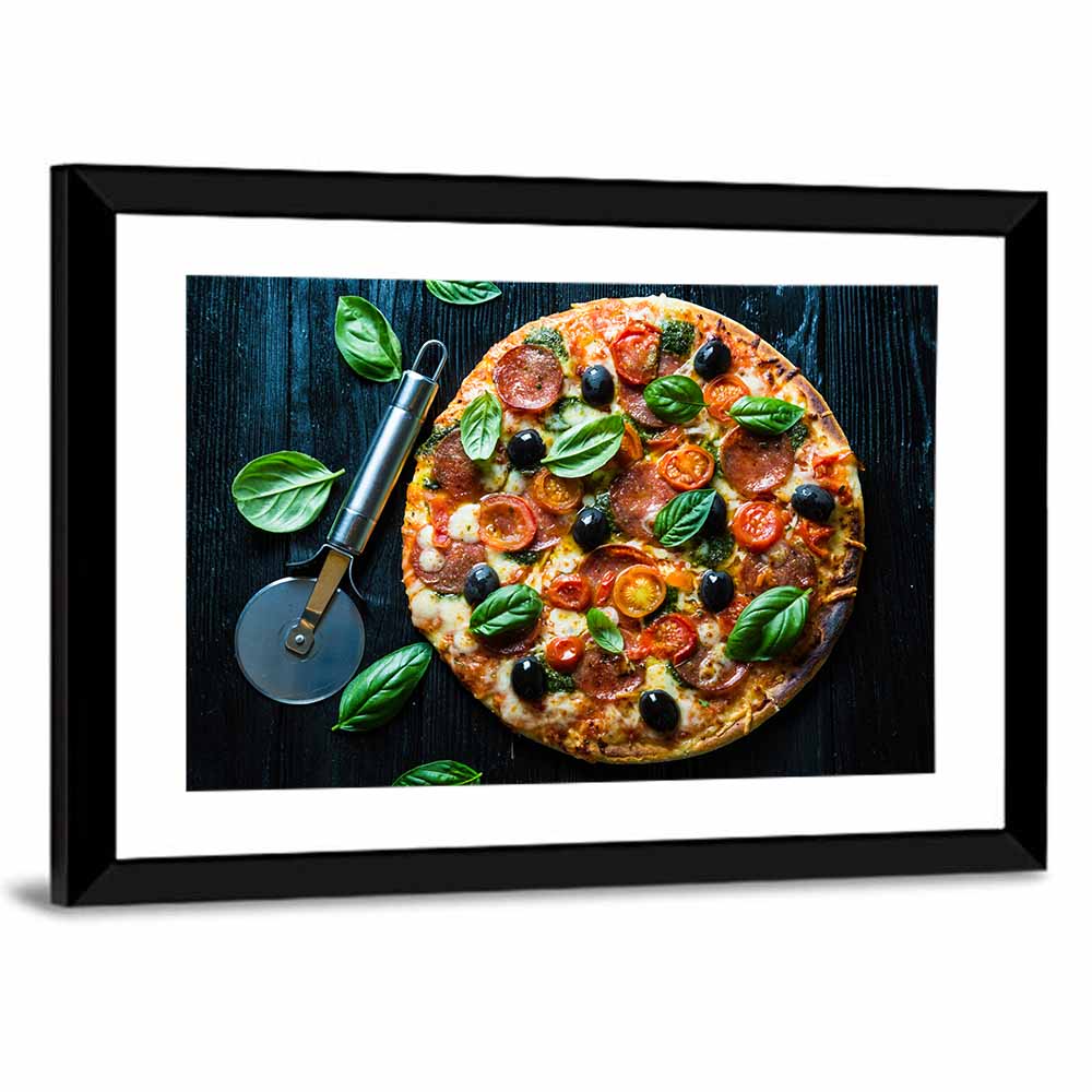 Top-down Pizza with Basil and Olives Wall Art