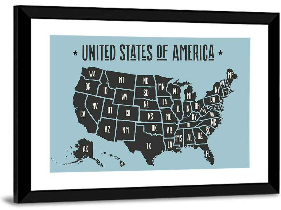 Minimalist USA Map with State Abbreviations Wall Art