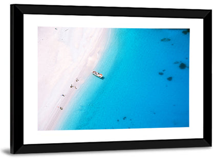 Aerial Beach Bay with White Boat Wall Art