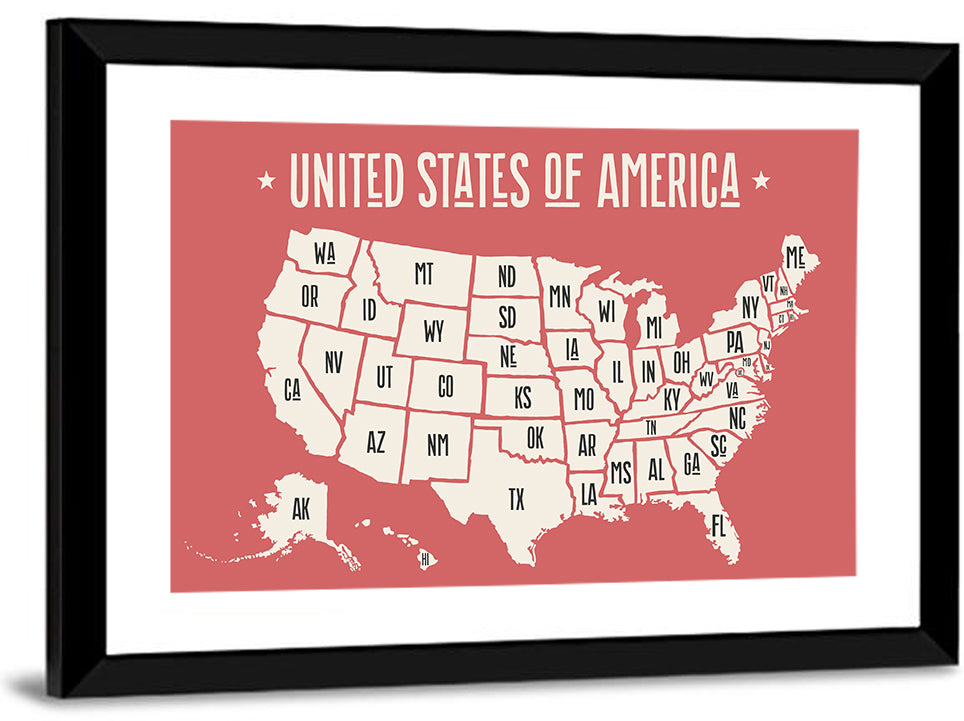 United States Map with State Abbreviations Wall Art