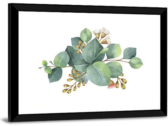 Eucalyptus Leaves with Pink Blossom Wall Art as a framed print