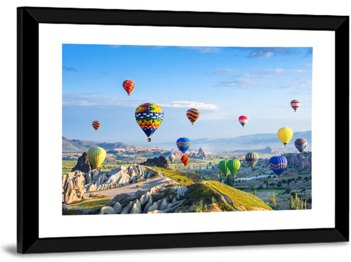 Cappadocia Hot Air Balloons Over Rock Valleys Wall Art as a framed print