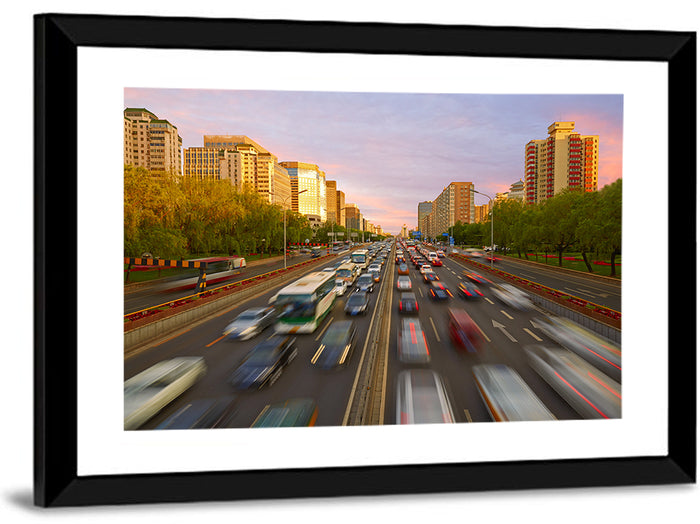 Beijing Sunset Traffic Streaks Wall Art as a framed print
