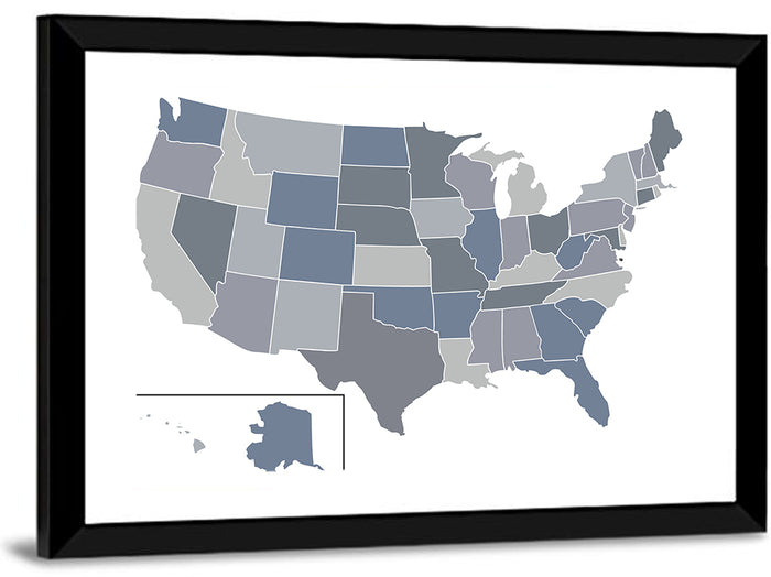 Minimalist USA Map in Blue and Grey Wall Art as a framed print