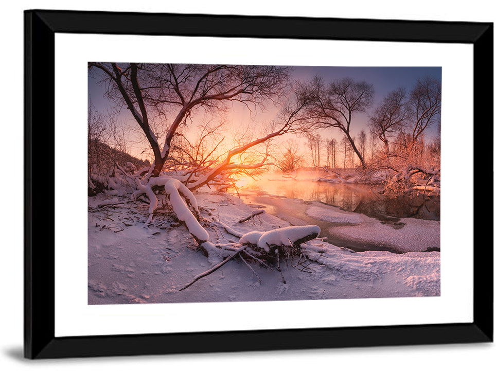 Sunset Over Snowy Forest Lake Wall Art