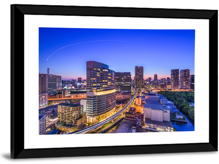 Tokyo Monorail Light Trails at Twilight Wall Art as a framed print