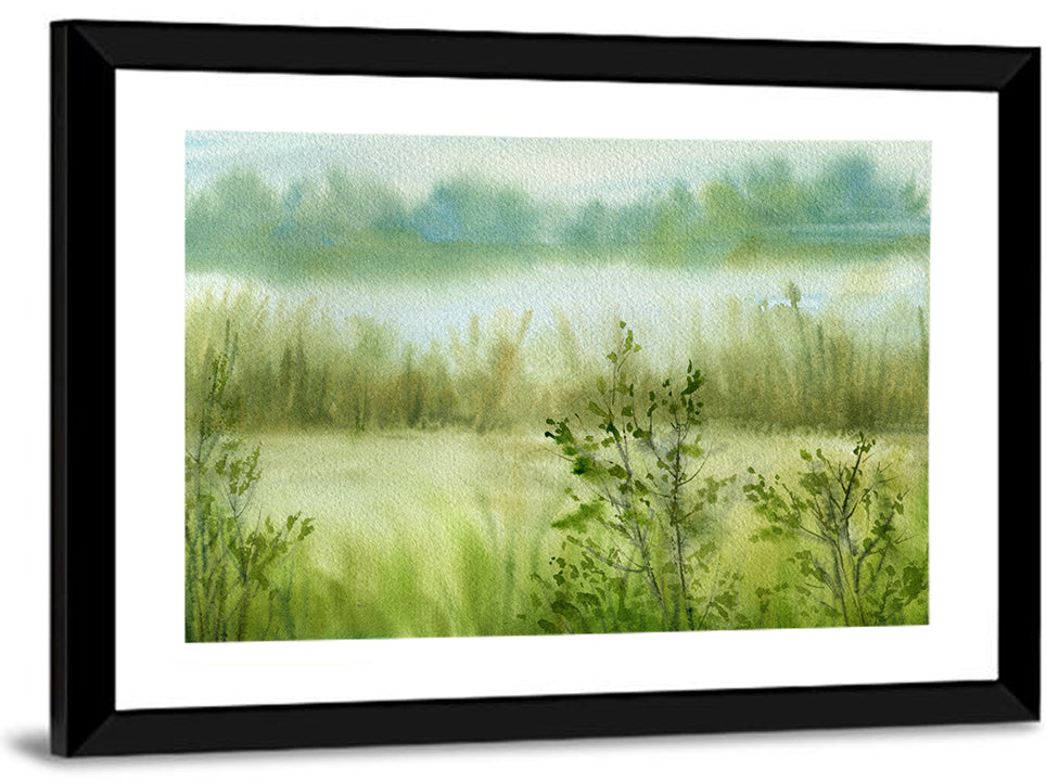 Misty River Meadow Watercolor Wall Art