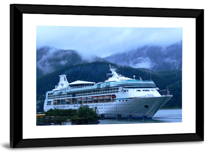 Misty Docked Cruise Ship Wall Art as a framed print