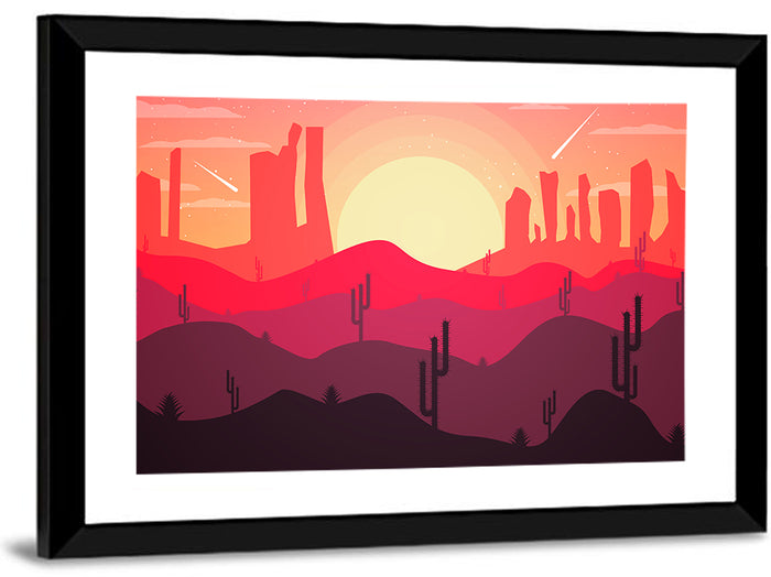 Sunset Desert Cacti Wall Art as a framed print