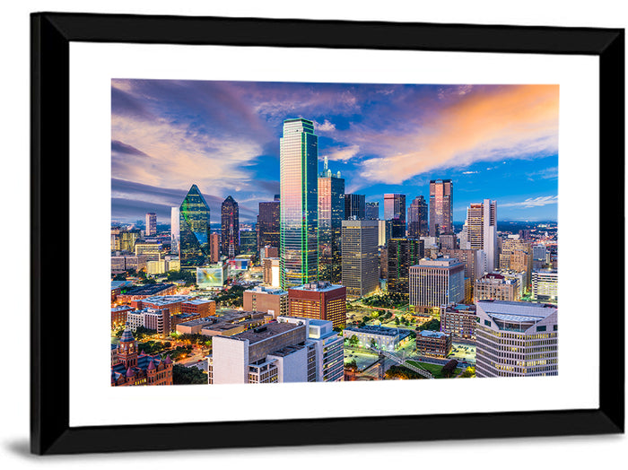 Dallas Twilight Skyline Wall Art as a framed print