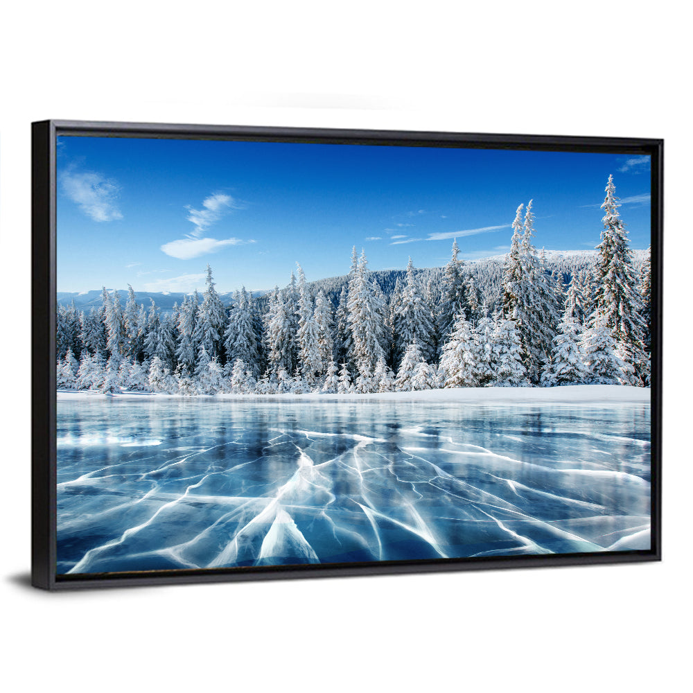 Cracked Ice Lake with Snowy Pines Wall Art