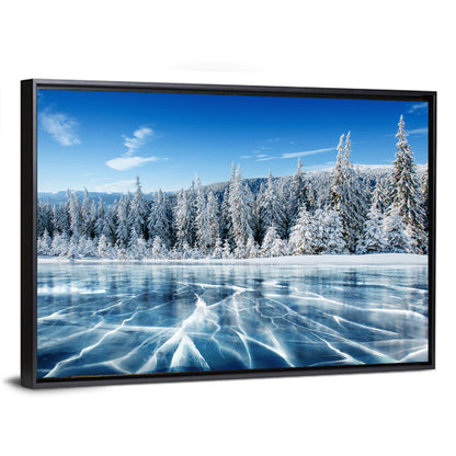 Cracked Ice Lake with Snowy Pines Wall Art