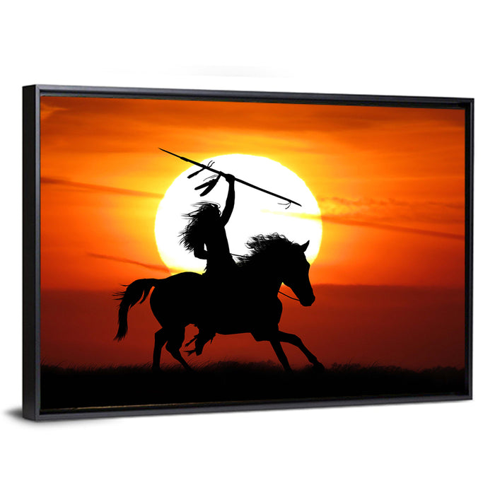Native American Rider at Sunset Wall Art as a framed canvas