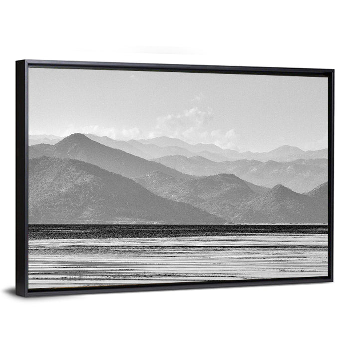 Skadar Lake Monochrome Landscape Wall Art as a framed canvas