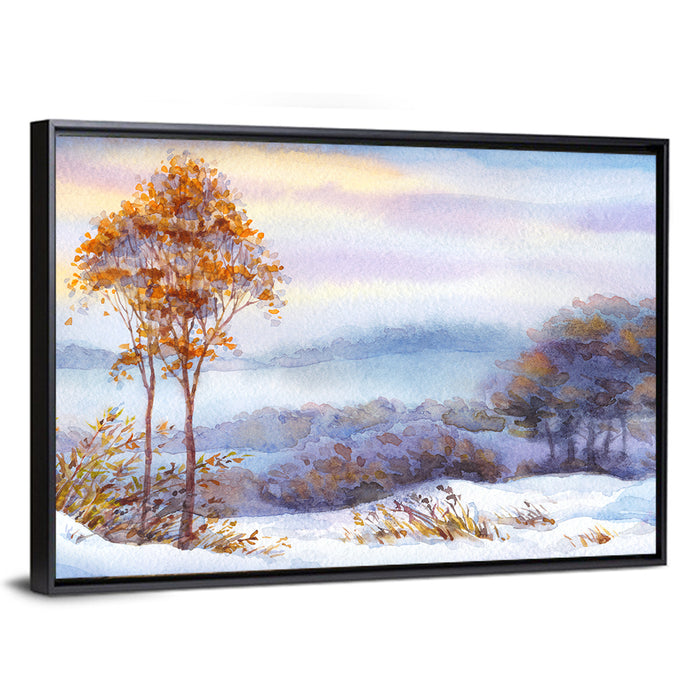 Misty Snow Valley Wall Art as a framed canvas